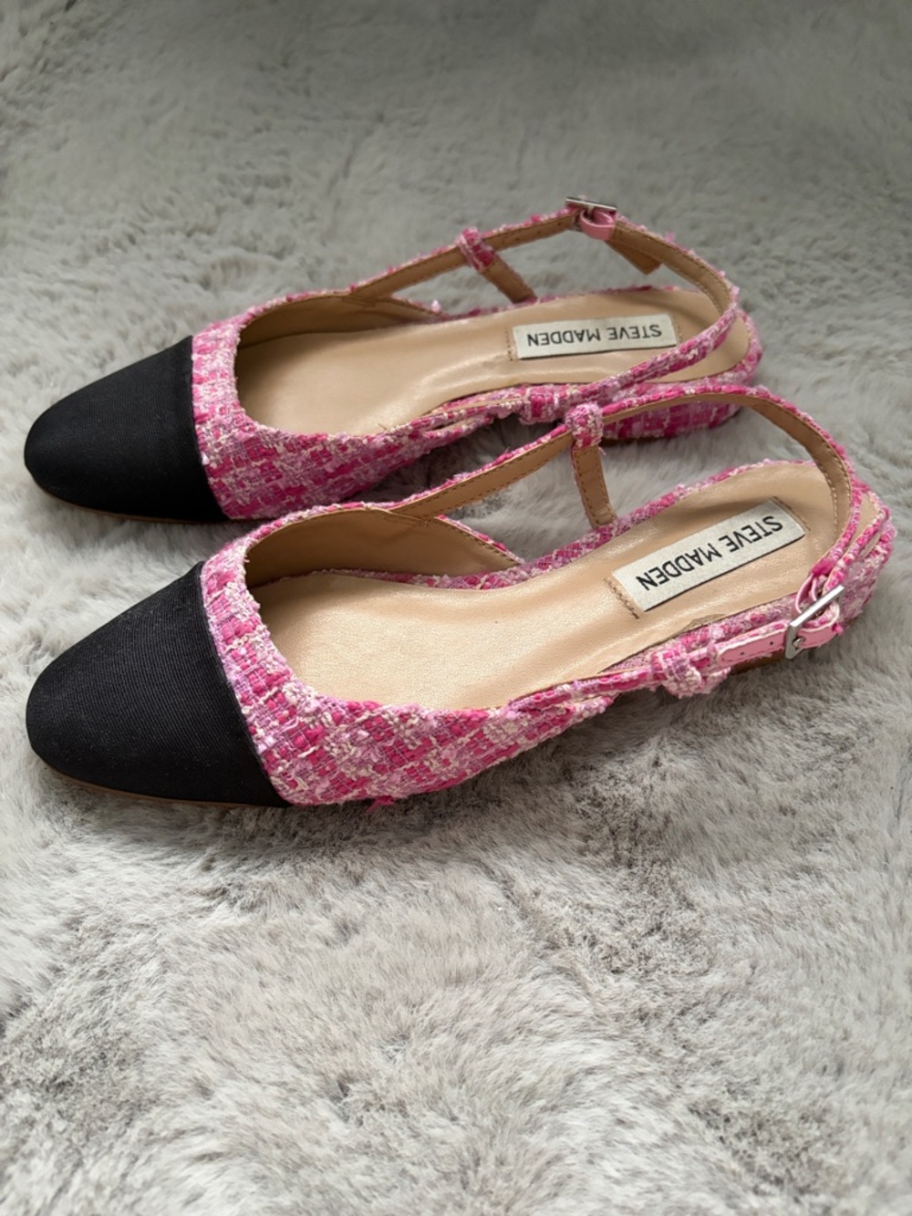 Steve Madden Pink Tweed Slingback Flats with Black Cap Toe